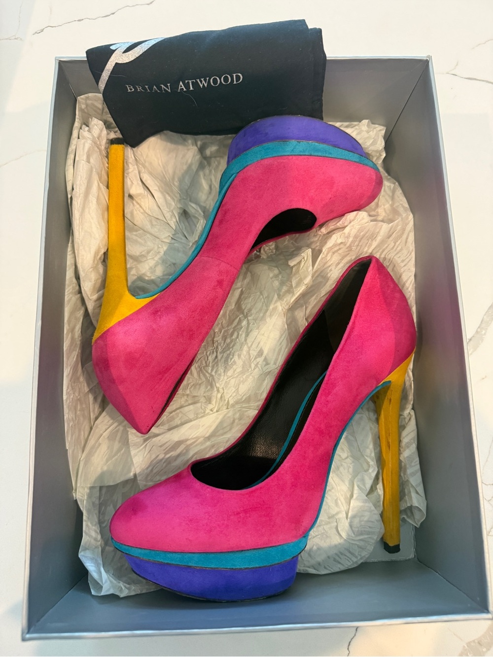 Brian Atwood Fontanne Multi Colorblock Suede Platform Pump - Picture 4 of 7